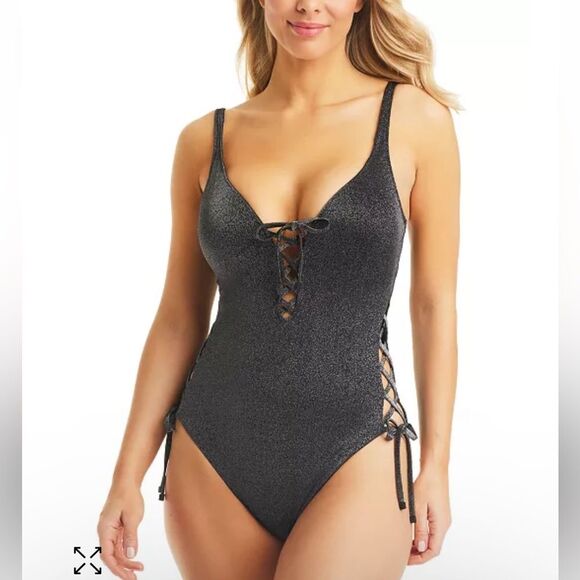 Bar III Summer Solids Lace-Up One-Piece Swimsuit Black Size Small - Picture 1 of 9